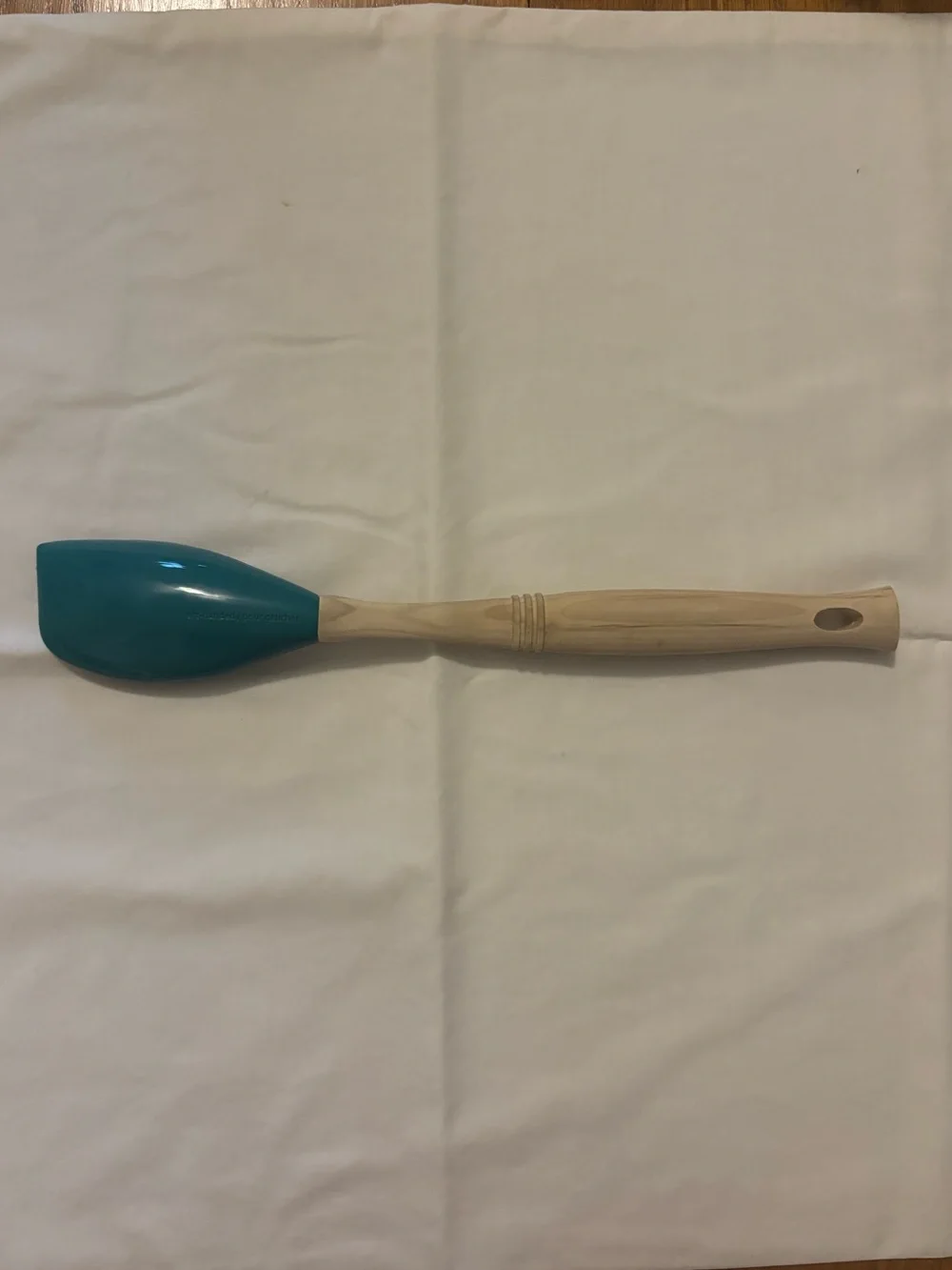 Le Creuset Teal Silicone Left Handed Wooden Handle Spatula